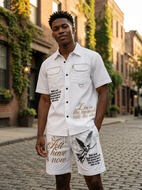White Printed Short Sleeve Shirt & Shorts Set